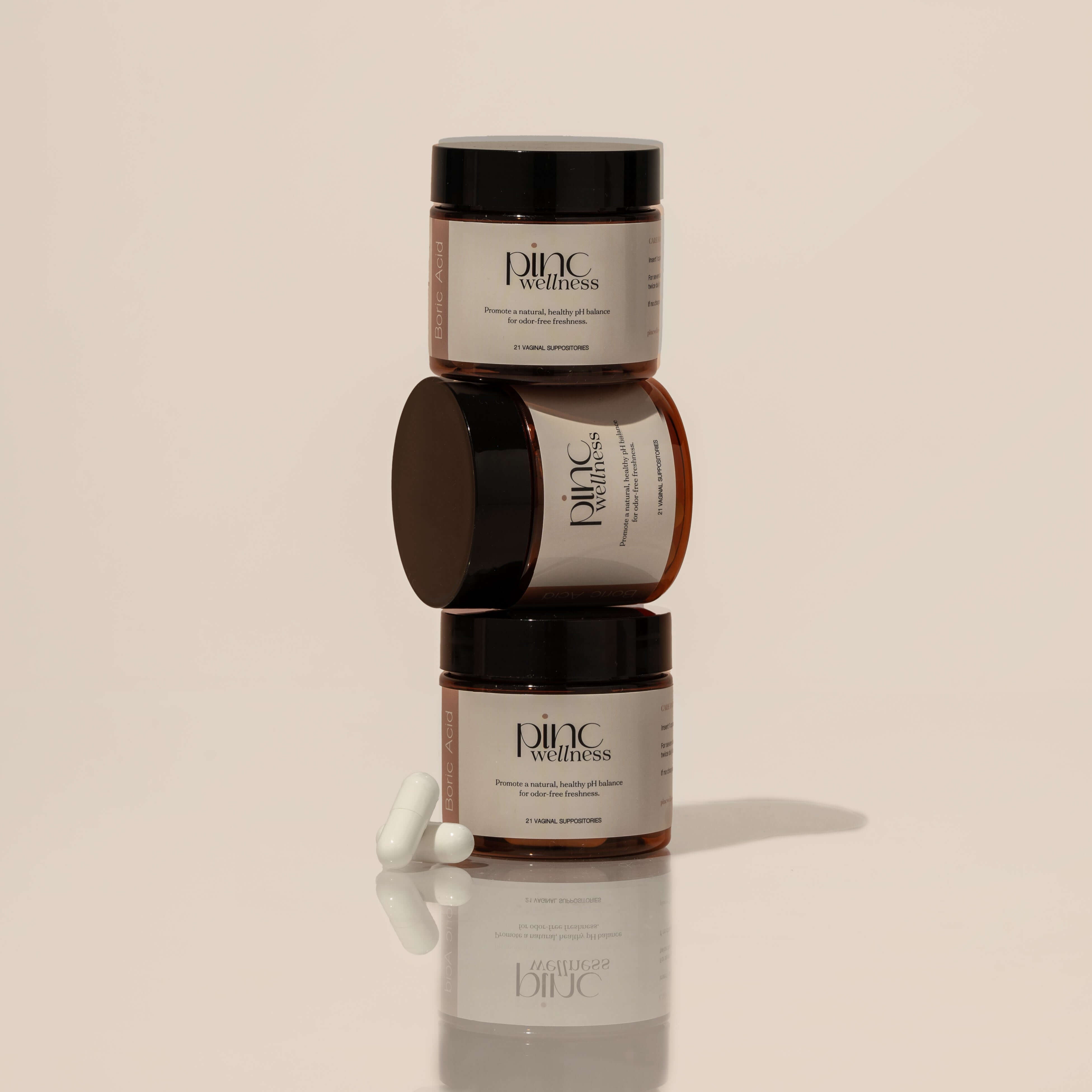 3 bottles of boric acid suppositories for vaginal pH balance and freshness, designed to support a healthy microbiome