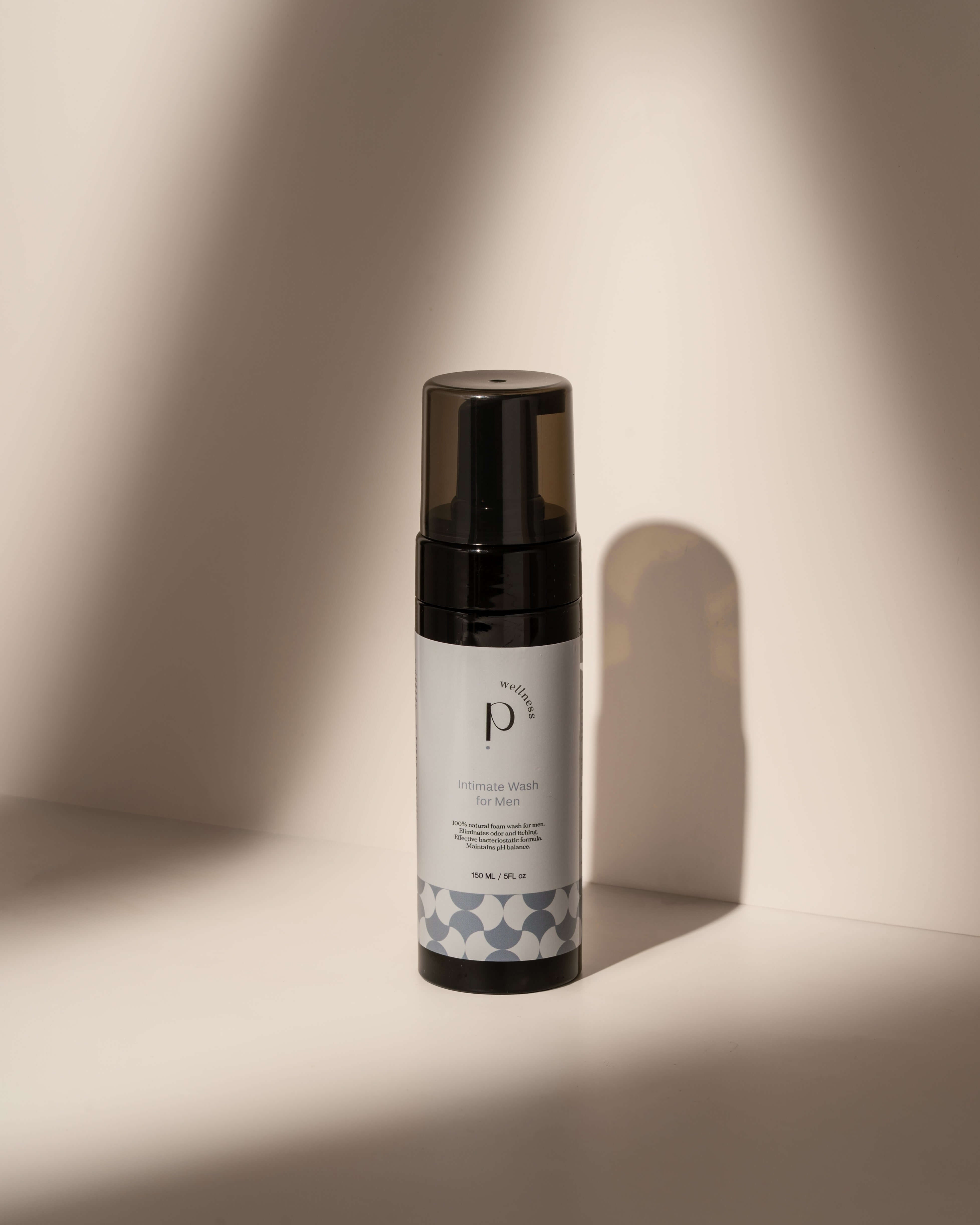 Intimate wash bottle on neutral background, soft shadows, minimalist aesthetic.