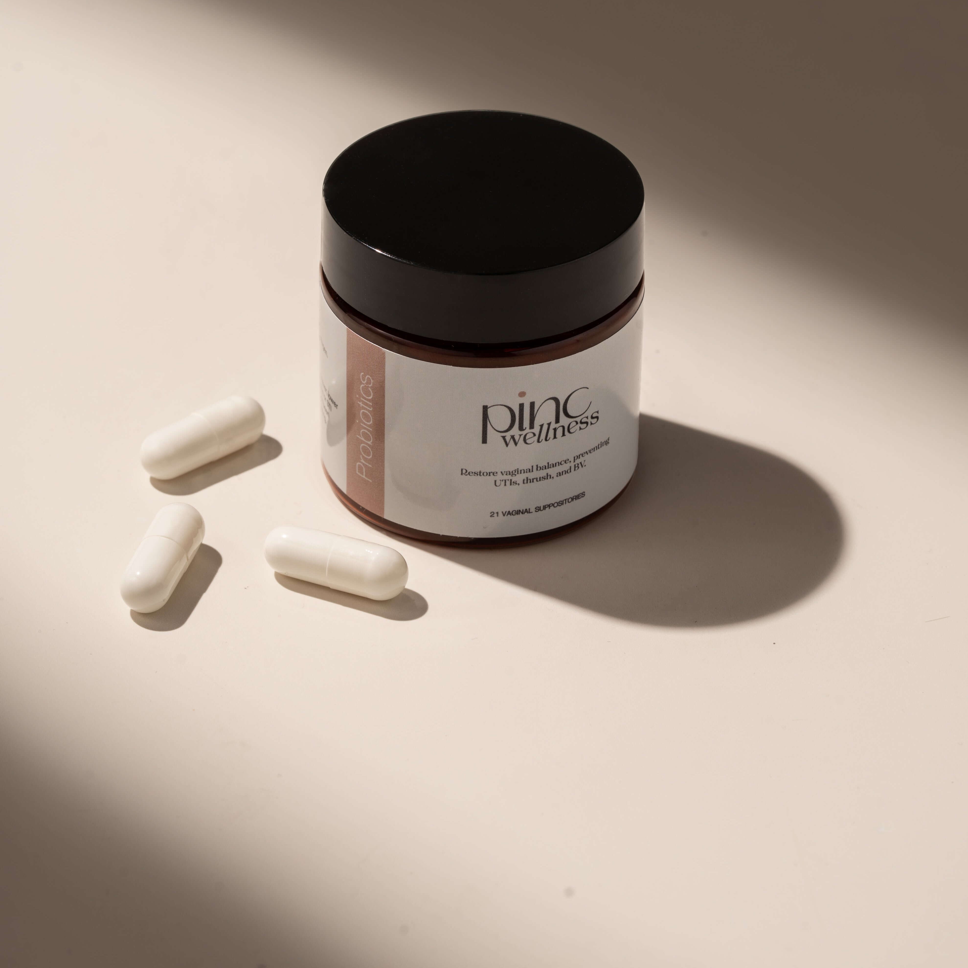 A pack of vaginal probiotic suppositories formulated to restore beneficial bacteria and promote long-term vaginal health. By Pinc Wellness