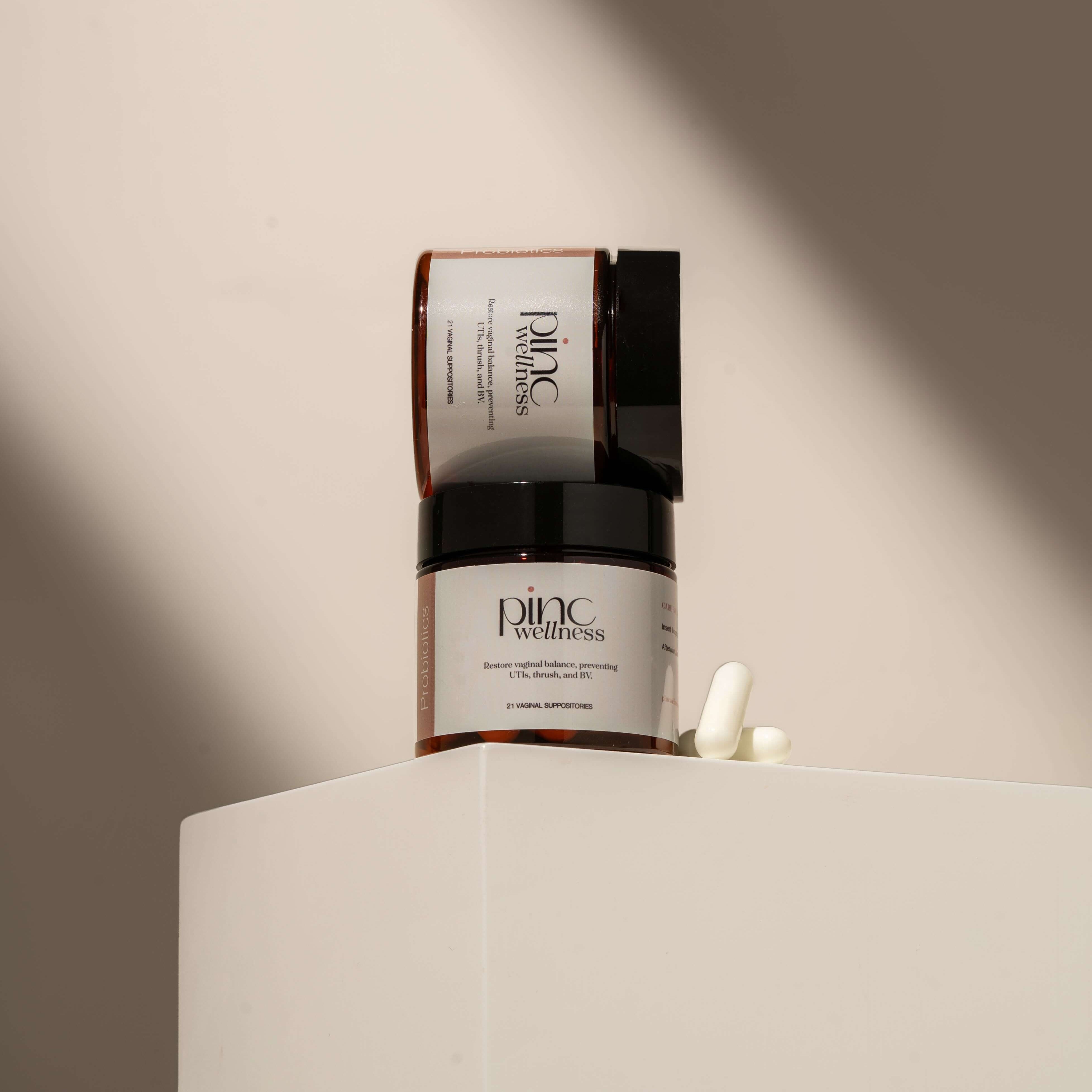 A pack of vaginal probiotic suppositories formulated to restore beneficial bacteria and promote long-term vaginal health. By Pinc Wellness