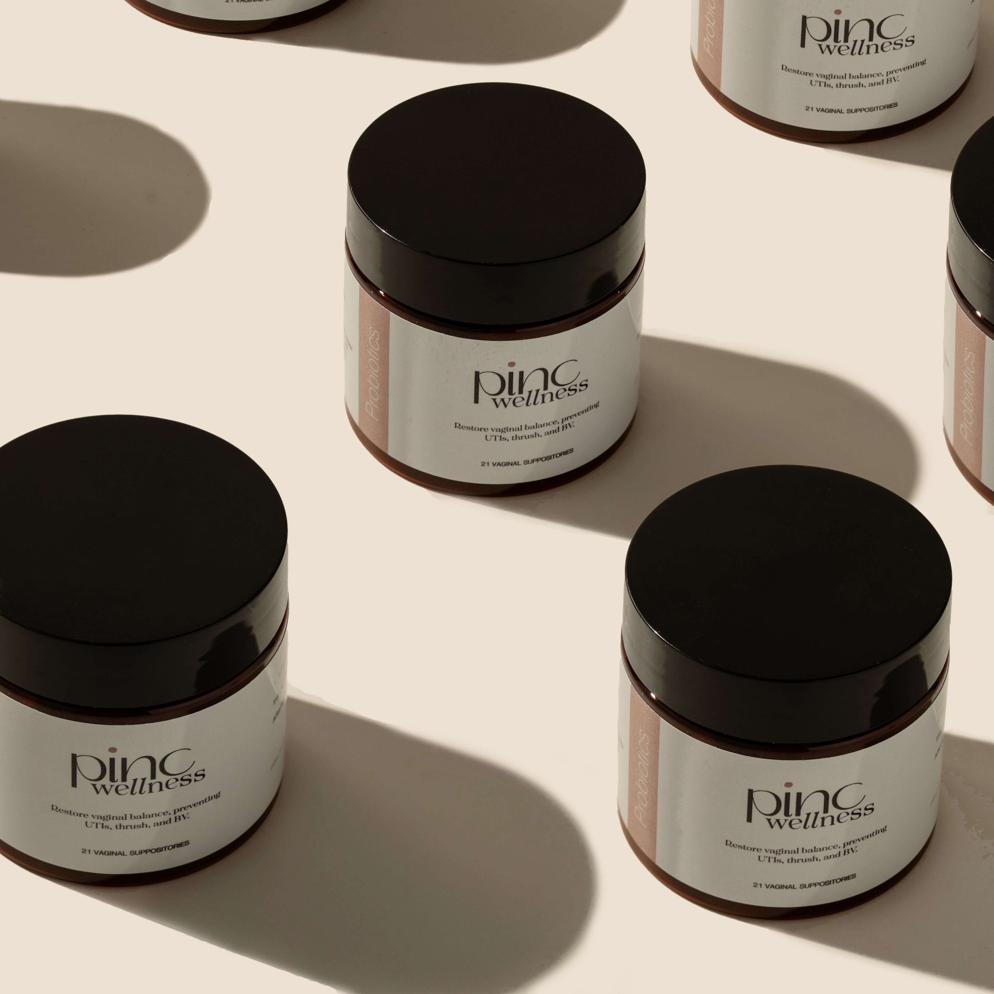 A pack of vaginal probiotic suppositories formulated to restore beneficial bacteria and promote long-term vaginal health. By Pinc Wellness