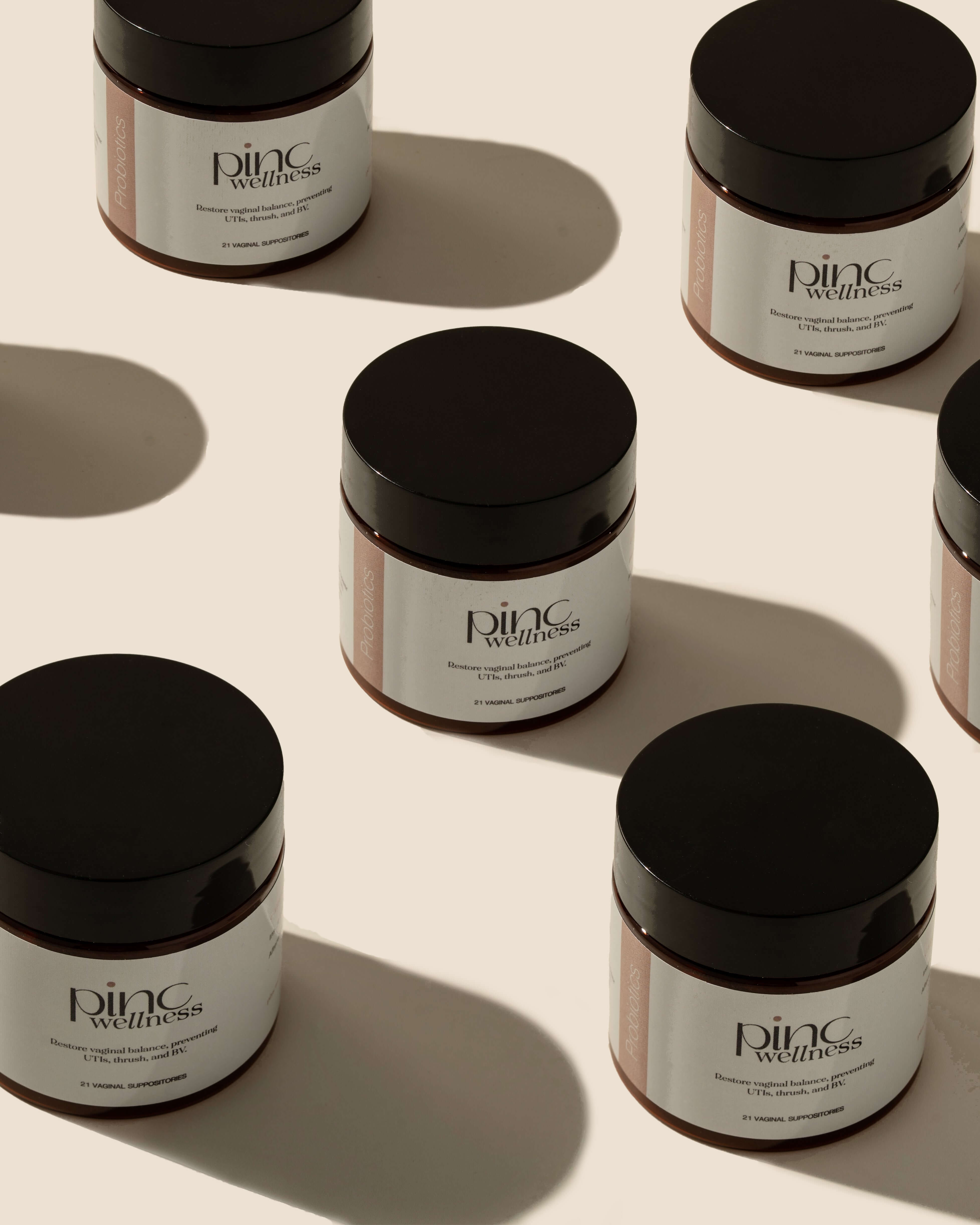 A pack of vaginal probiotic suppositories formulated to restore beneficial bacteria and promote long-term vaginal health. By Pinc Wellness