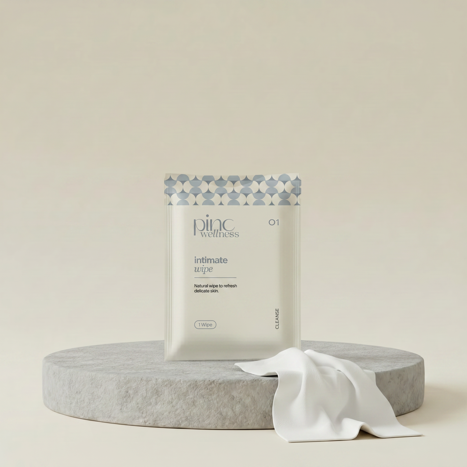 Pacifique Wellness intimate wipes packaging on a beige background