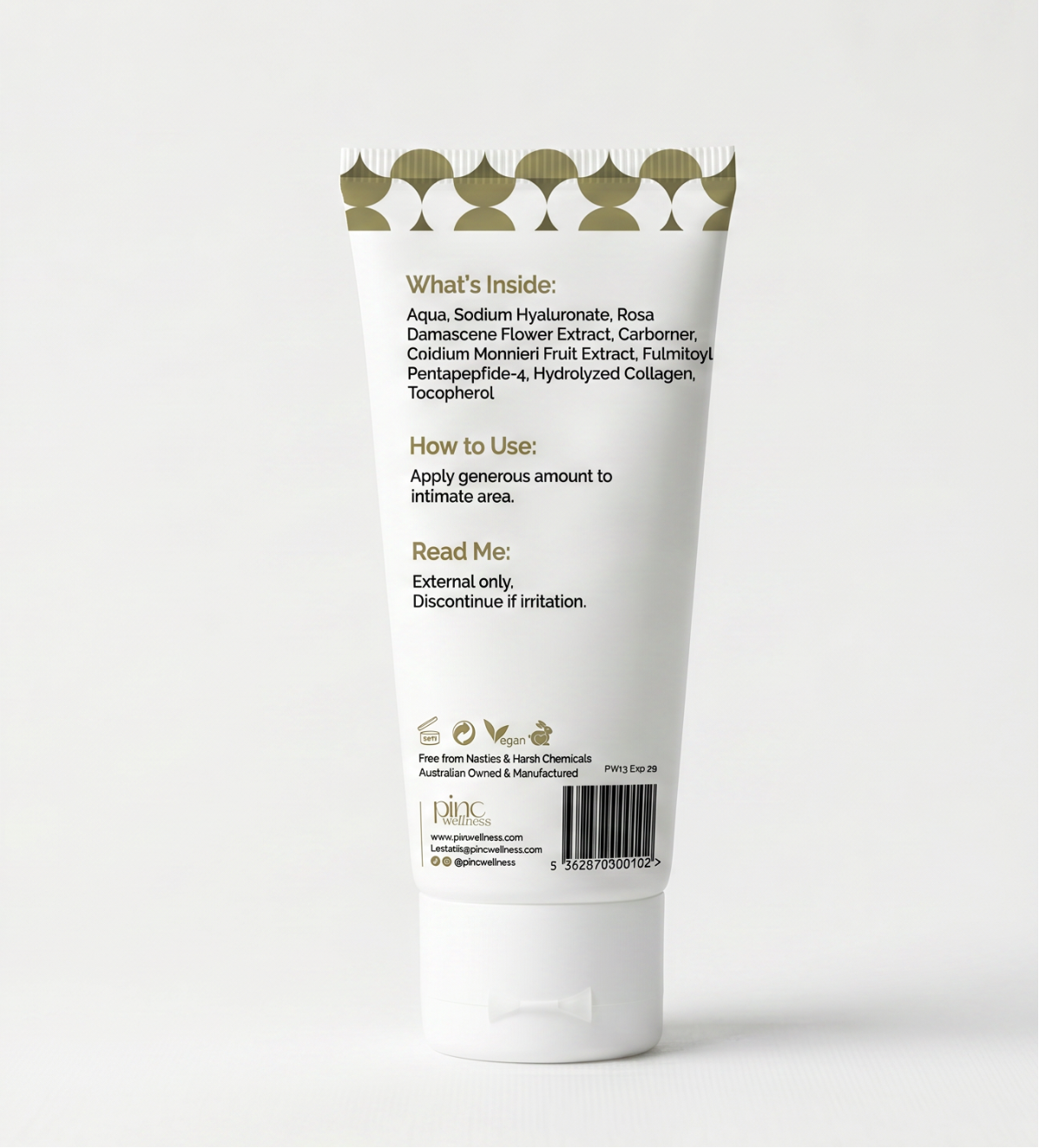 Tube of intimate lubricant with 'pine wellness' branding on a white background