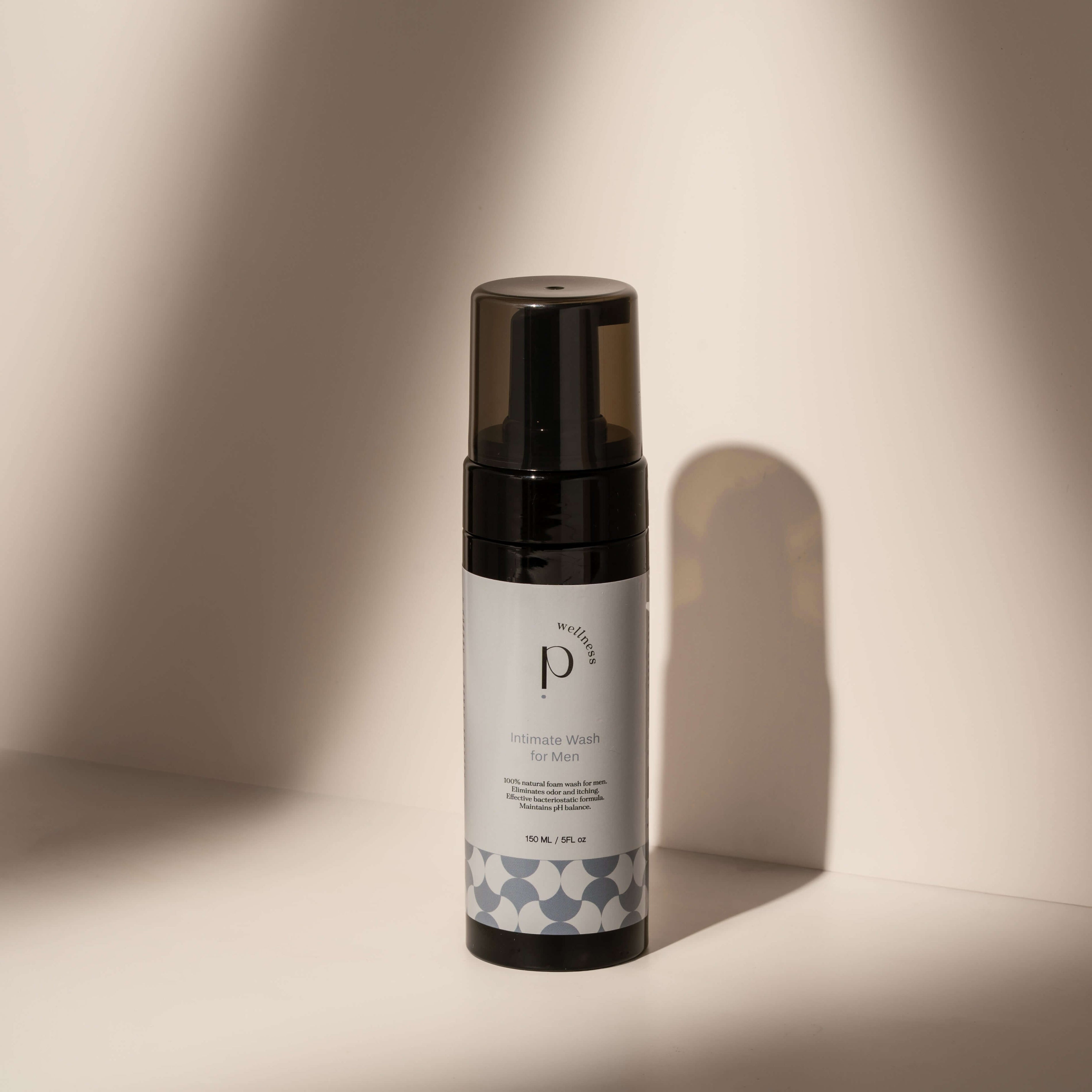 Intimate wash bottle on neutral background, soft shadows, minimalist aesthetic.