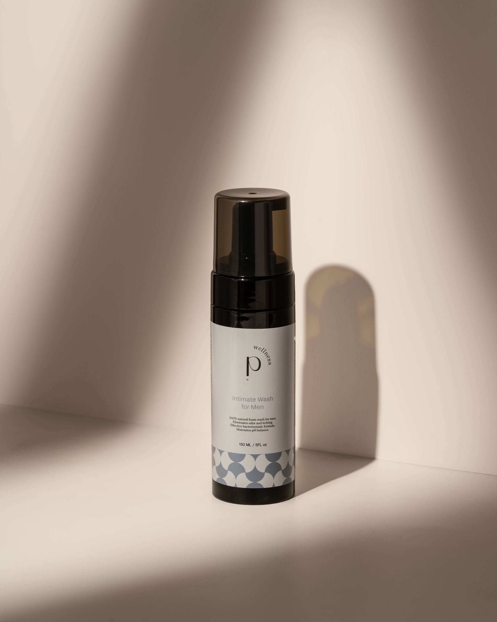 Intimate wash bottle on neutral background, soft shadows, minimalist aesthetic.