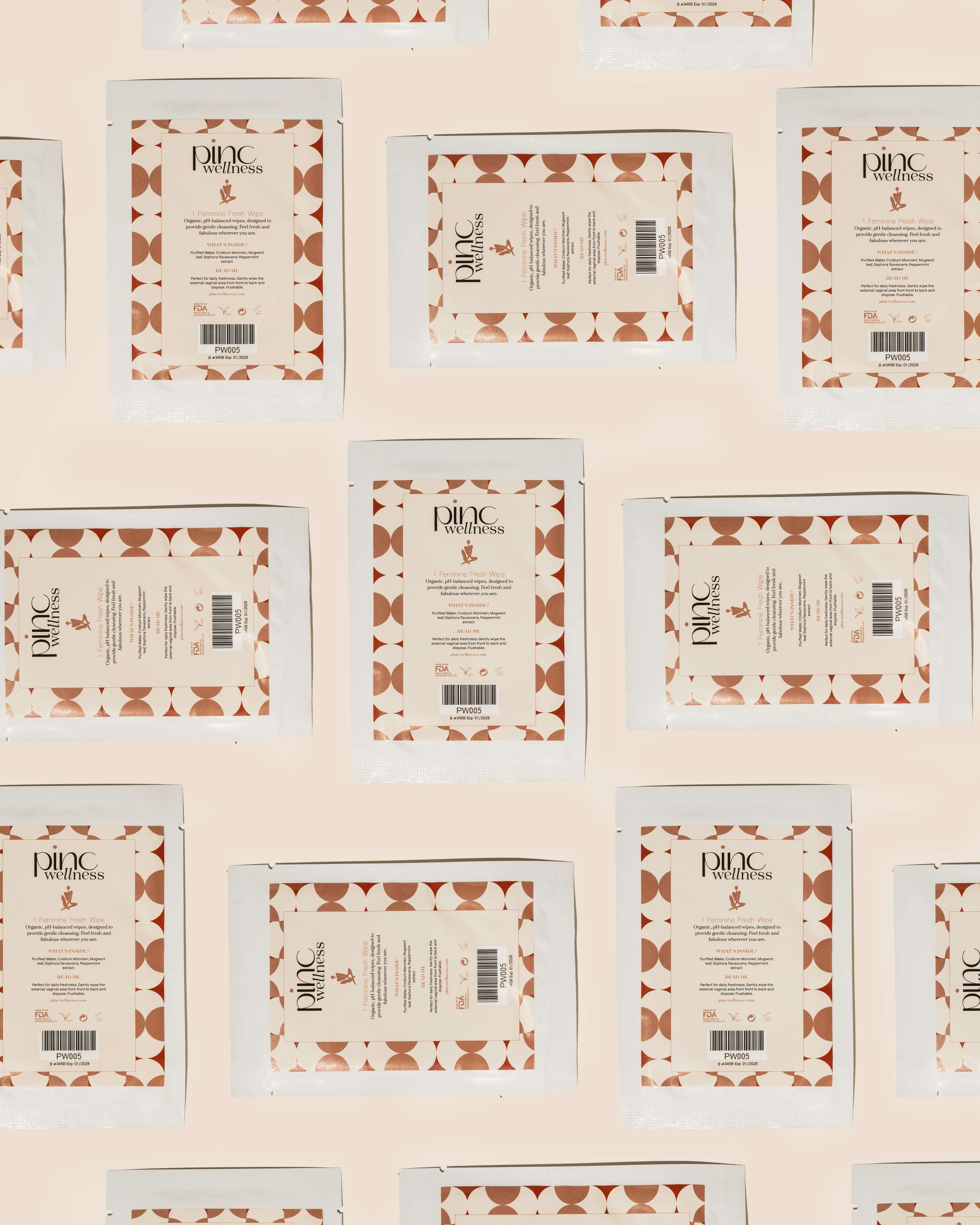 Repeating pattern of Pinc Wellness packets on pale peach, geometric designs.